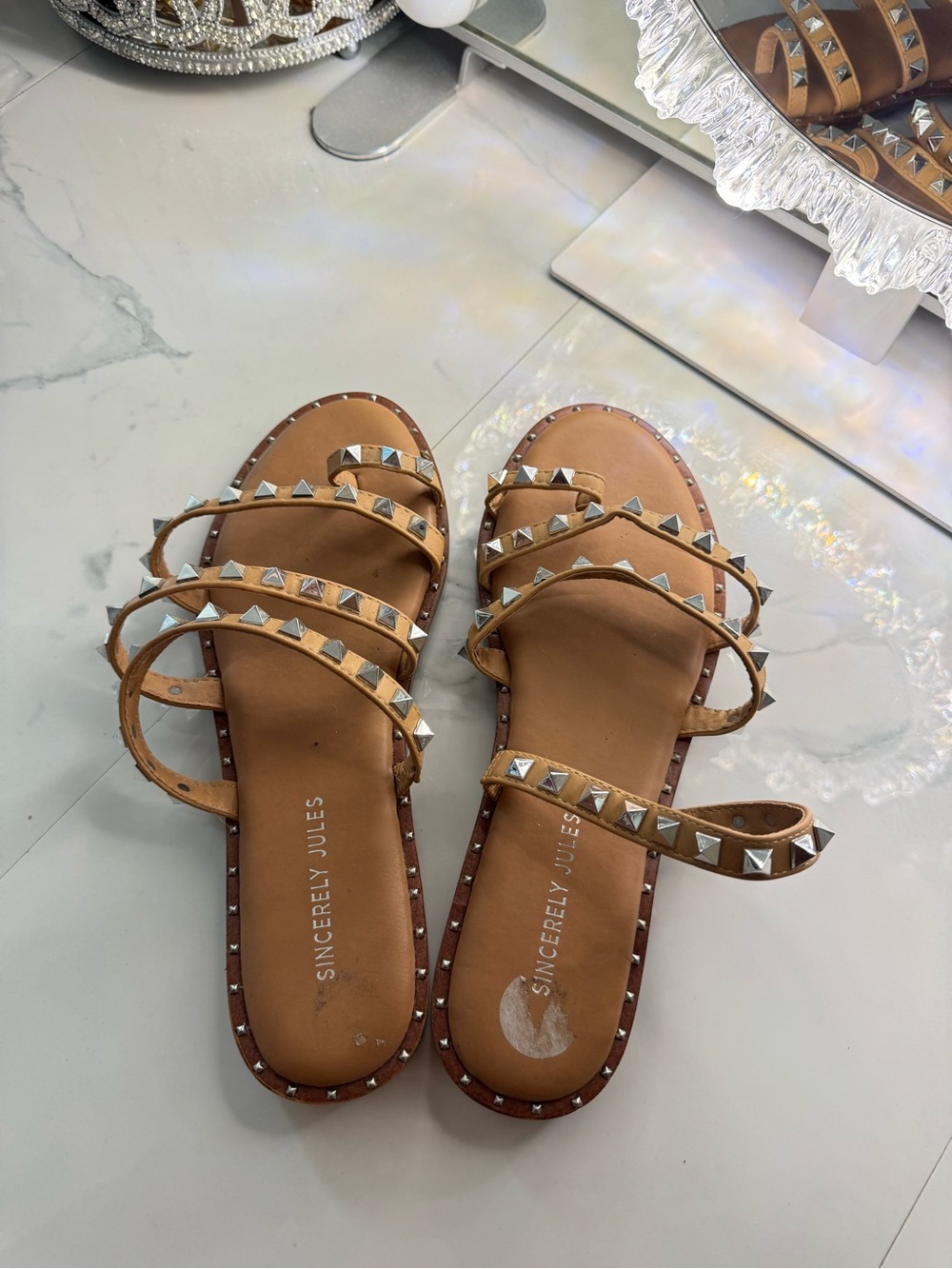 Sincerly Jules Cognac Studded Multi-Strap Flat Sandals